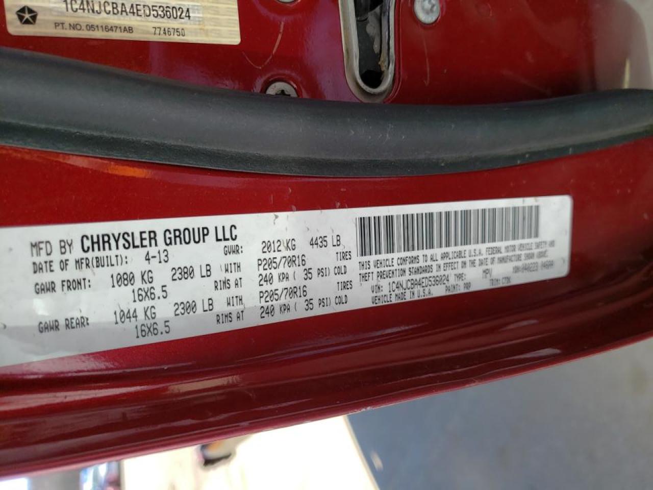 Photo 10 from auction – 2014 JEEP COMPASS SP with VIN 1C4NJCBA4ED536024