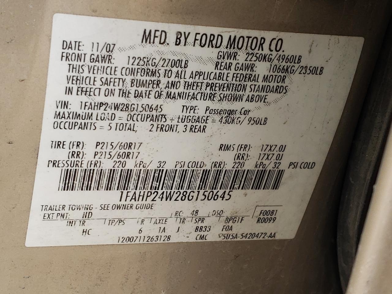 Photo 10 from auction – 2008 FORD TAURUS SEL with VIN 1FAHP24W28G150645