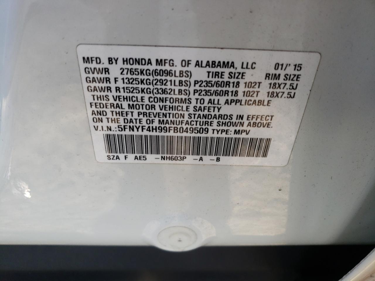 Photo 10 from auction – 2015 HONDA PILOT TOUR with VIN 5FNYF4H99FB049509