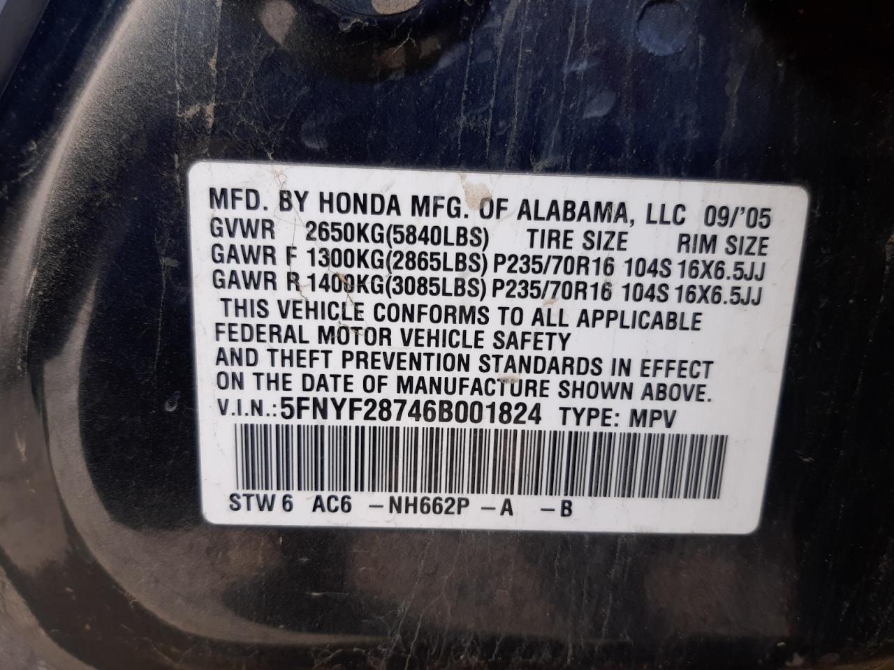 Photo 10 from auction – 2006 HONDA PILOT EX with VIN 5FNYF28746B001824