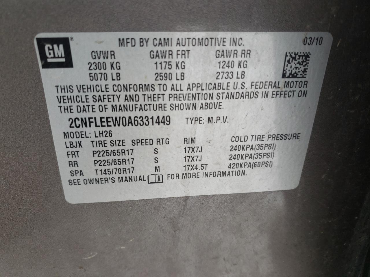Photo 10 from auction – 2010 CHEVROLET EQUINOX LT with VIN 2CNFLEEW0A6331449