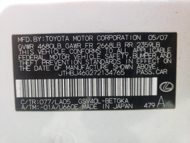 Photo 10 from auction – 2007 LEXUS ES 350 with VIN JTHBJ46G272134765