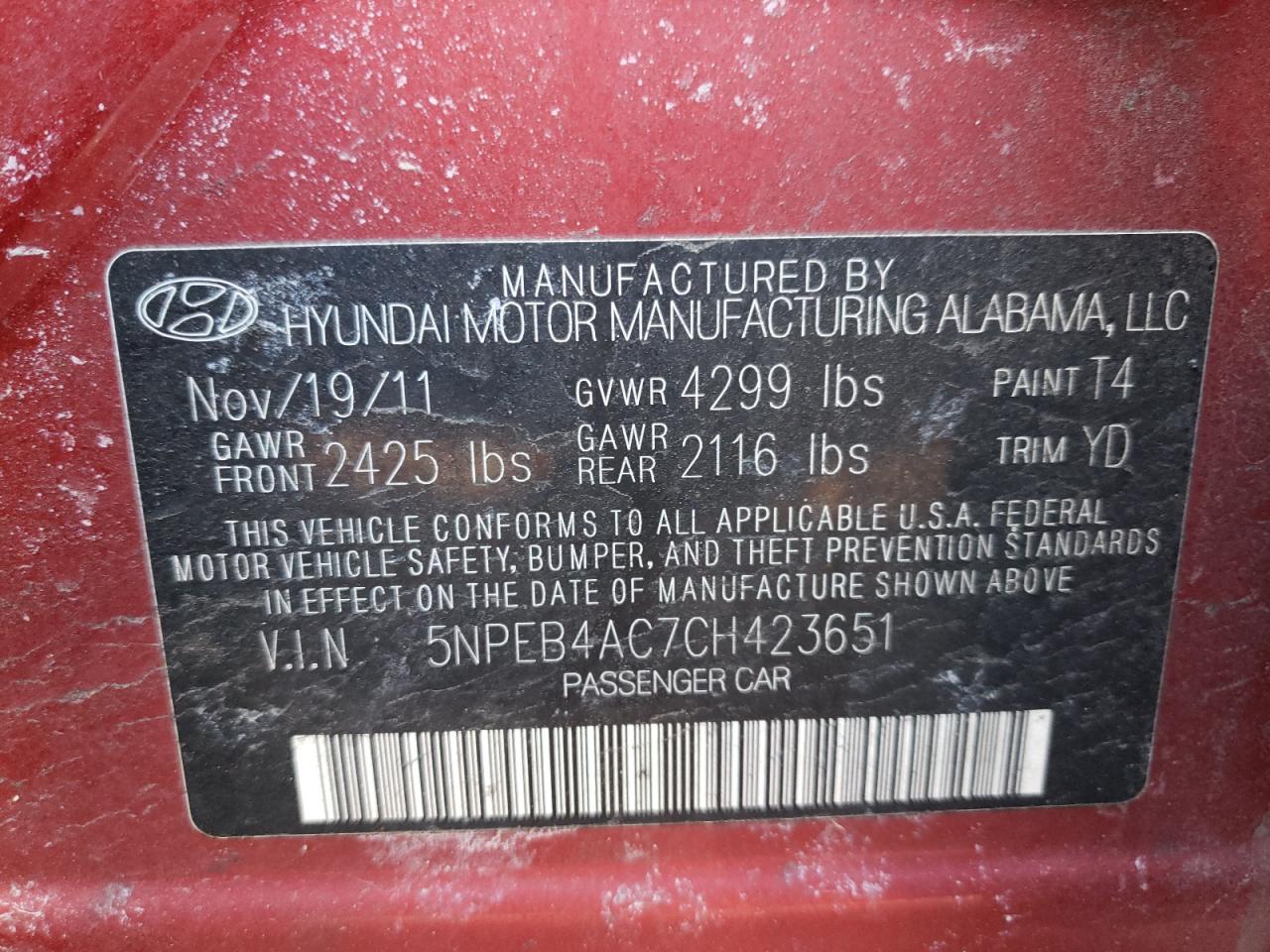 Photo 10 from auction – 2012 HYUNDAI SONATA GLS with VIN 5NPEB4AC7CH423651