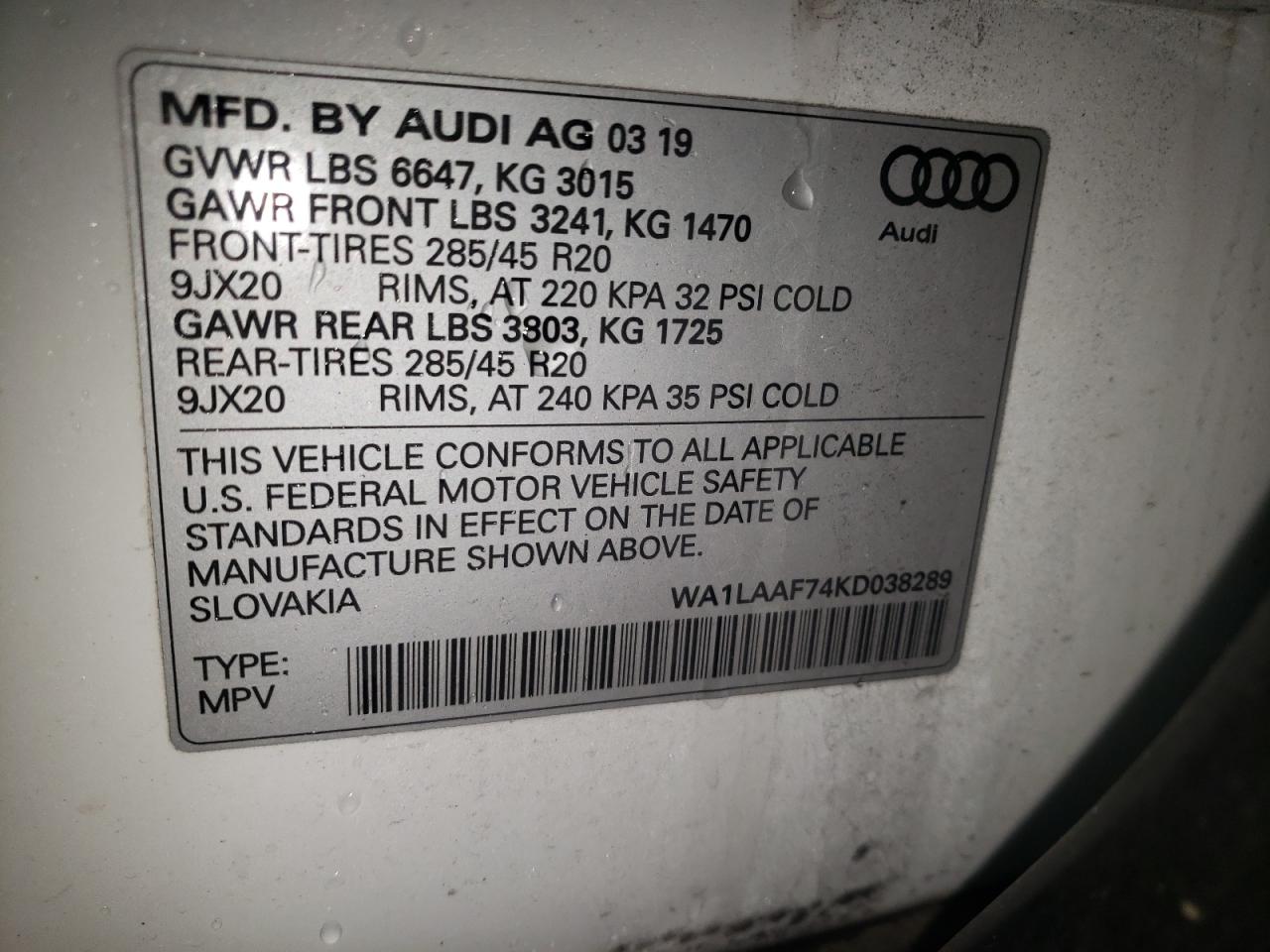 Photo 10 from auction – 2019 AUDI Q7 PREMIUM with VIN WA1LAAF74KD038289