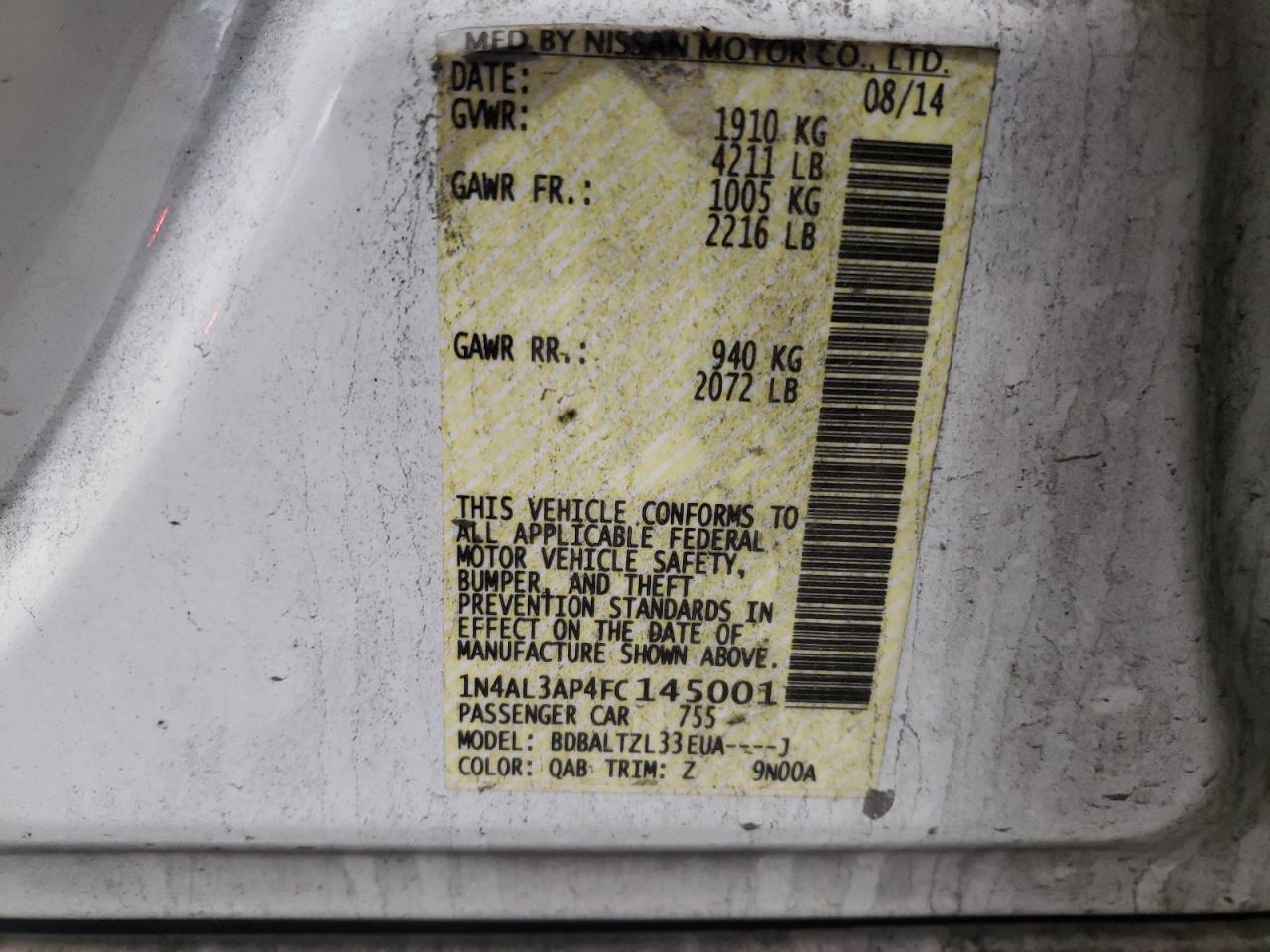 Photo 10 from auction – 2015 NISSAN ALTIMA 2.5 with VIN 1N4AL3AP4FC145001