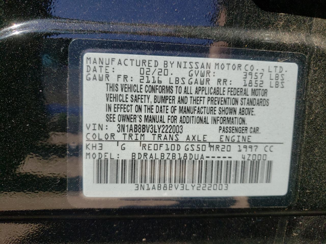 Photo 10 from auction – 2020 NISSAN SENTRA S with VIN 3N1AB8BV3LY222003