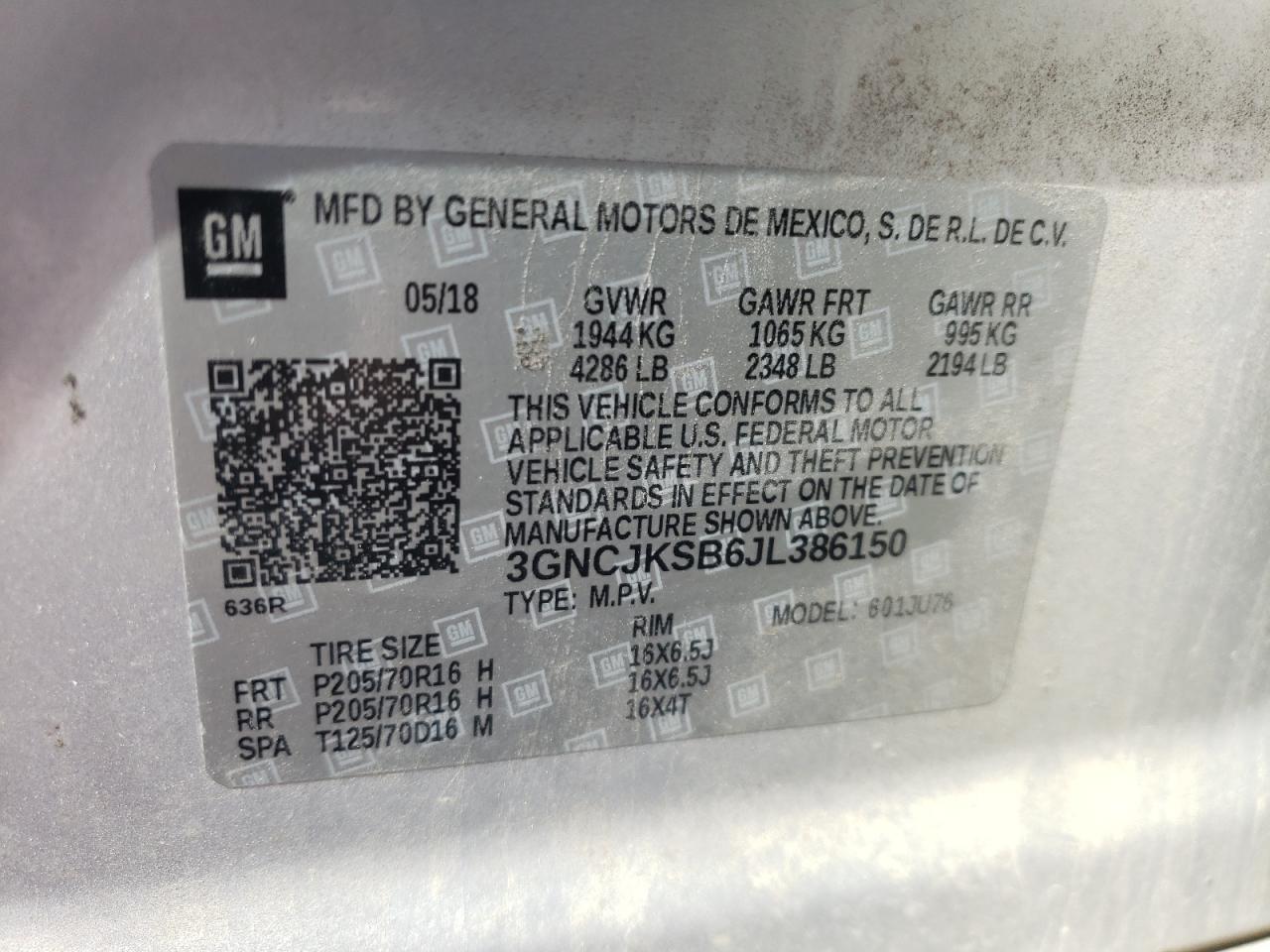 Photo 10 from auction – 2018 CHEVROLET TRAX LS with VIN 3GNCJKSB6JL386150