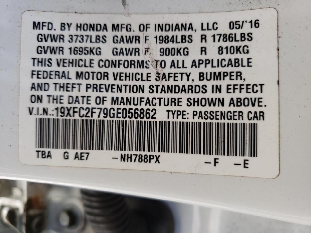 Photo 10 from auction – 2016 HONDA CIVIC EX with VIN 19XFC2F79GE056862