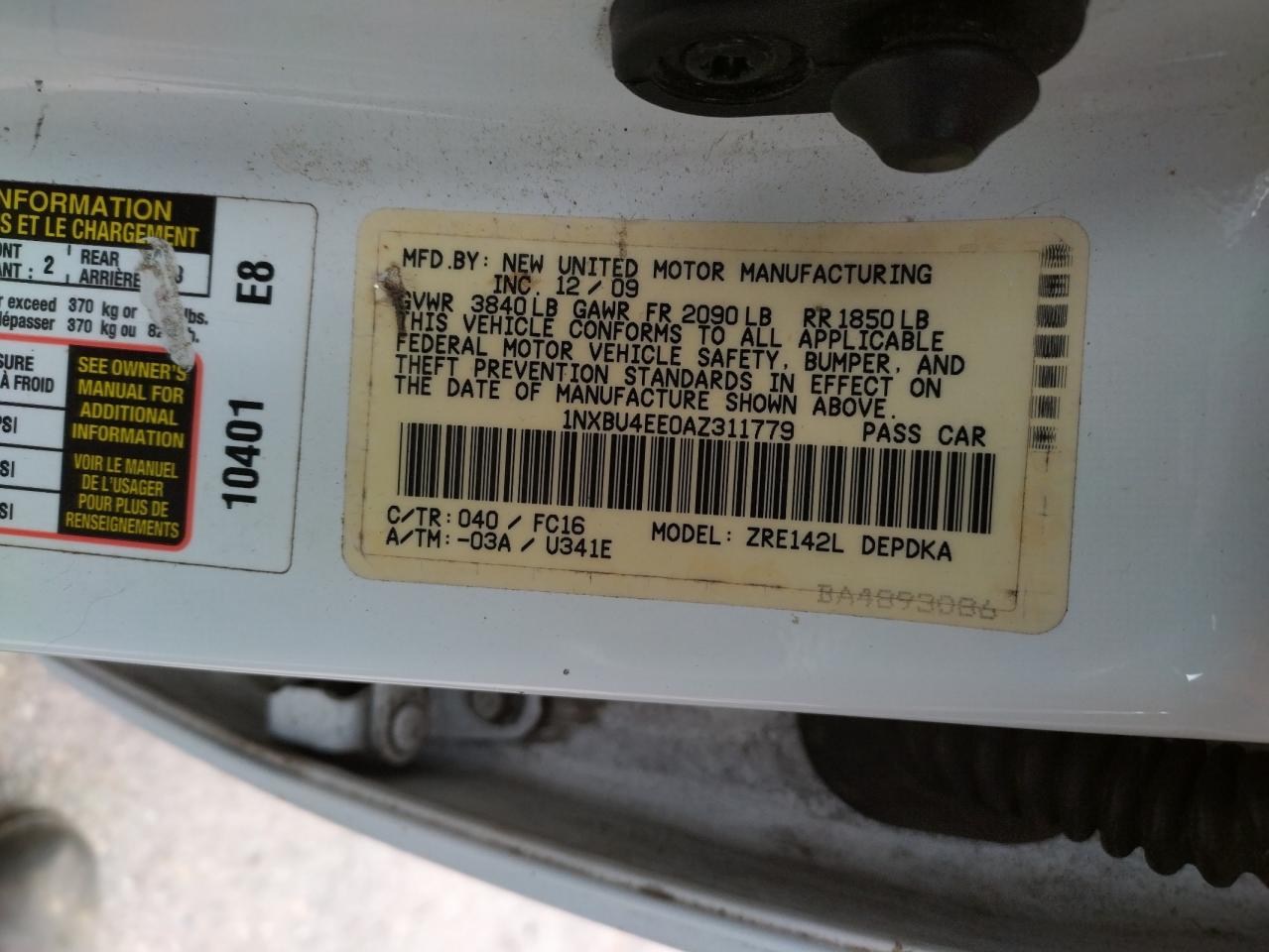 Photo 10 from auction – 2010 TOYOTA COROLLA BA with VIN 1NXBU4EE0AZ311779
