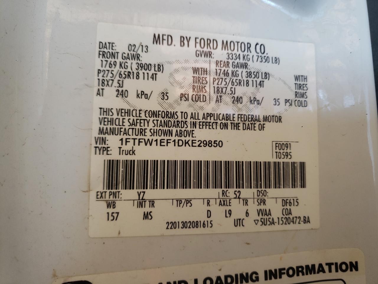 Photo 10 from auction – 2013 FORD F150 SUPER with VIN 1FTFW1EF1DKE29850