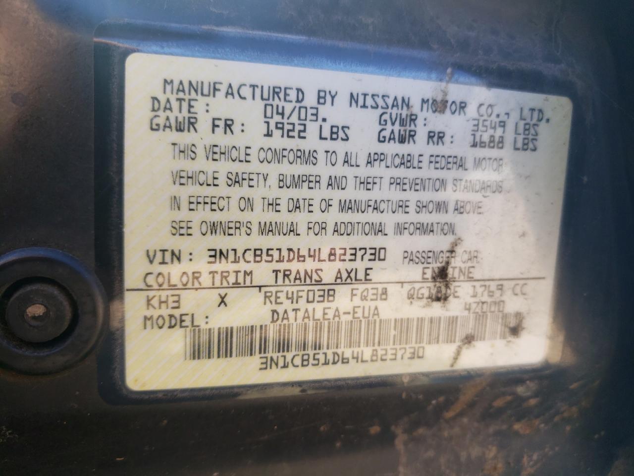 Photo 10 from auction – 2004 NISSAN SENTRA 1.8 with VIN 3N1CB51D64L823730