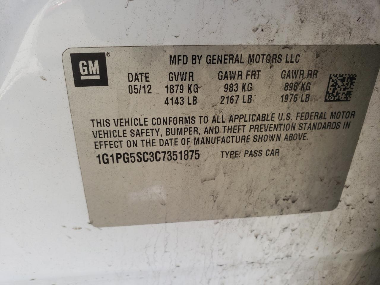 Photo 10 from auction – 2012 CHEVROLET CRUZE LT with VIN 1G1PG5SC3C7351875