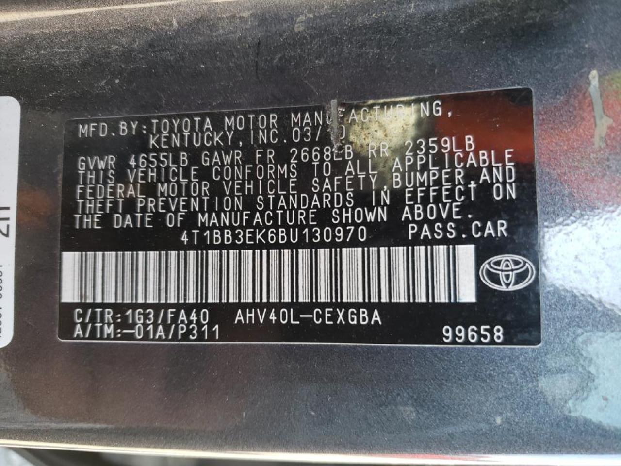 Photo 10 from auction – 2011 TOYOTA CAMARY with VIN 4T1BB3EK6BU130970