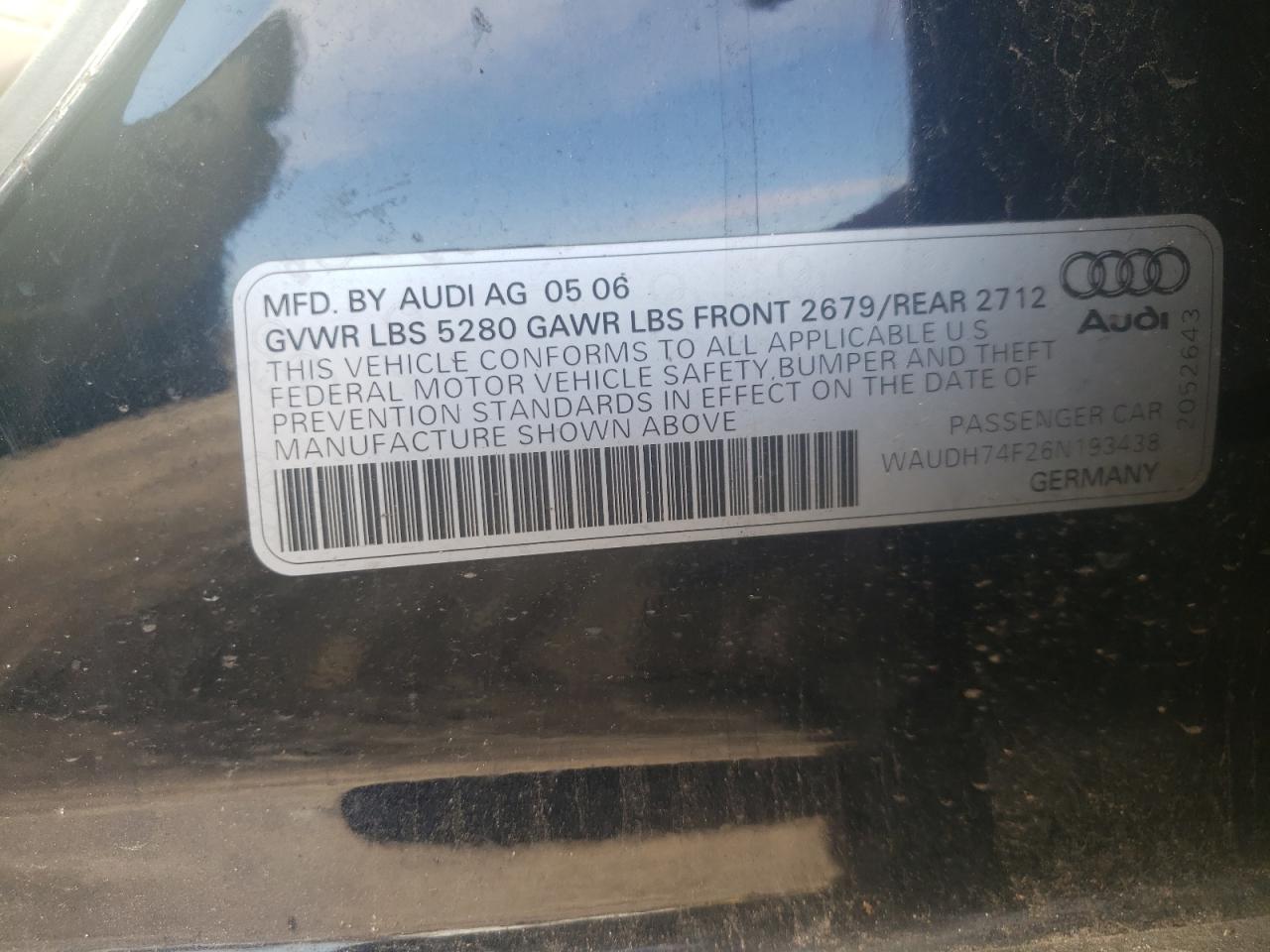 Photo 10 from auction – 2006 AUDI A6 3.2 QUA with VIN WAUDH74F26N193438