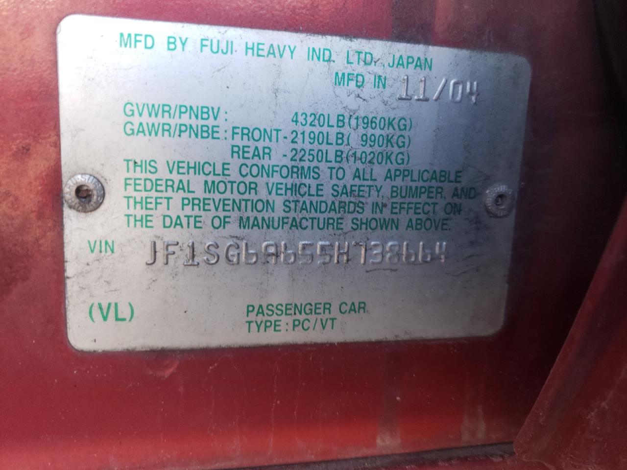 Photo 10 from auction – 2005 SUBARU FORESTER 2 with VIN JF1SG69655H738664