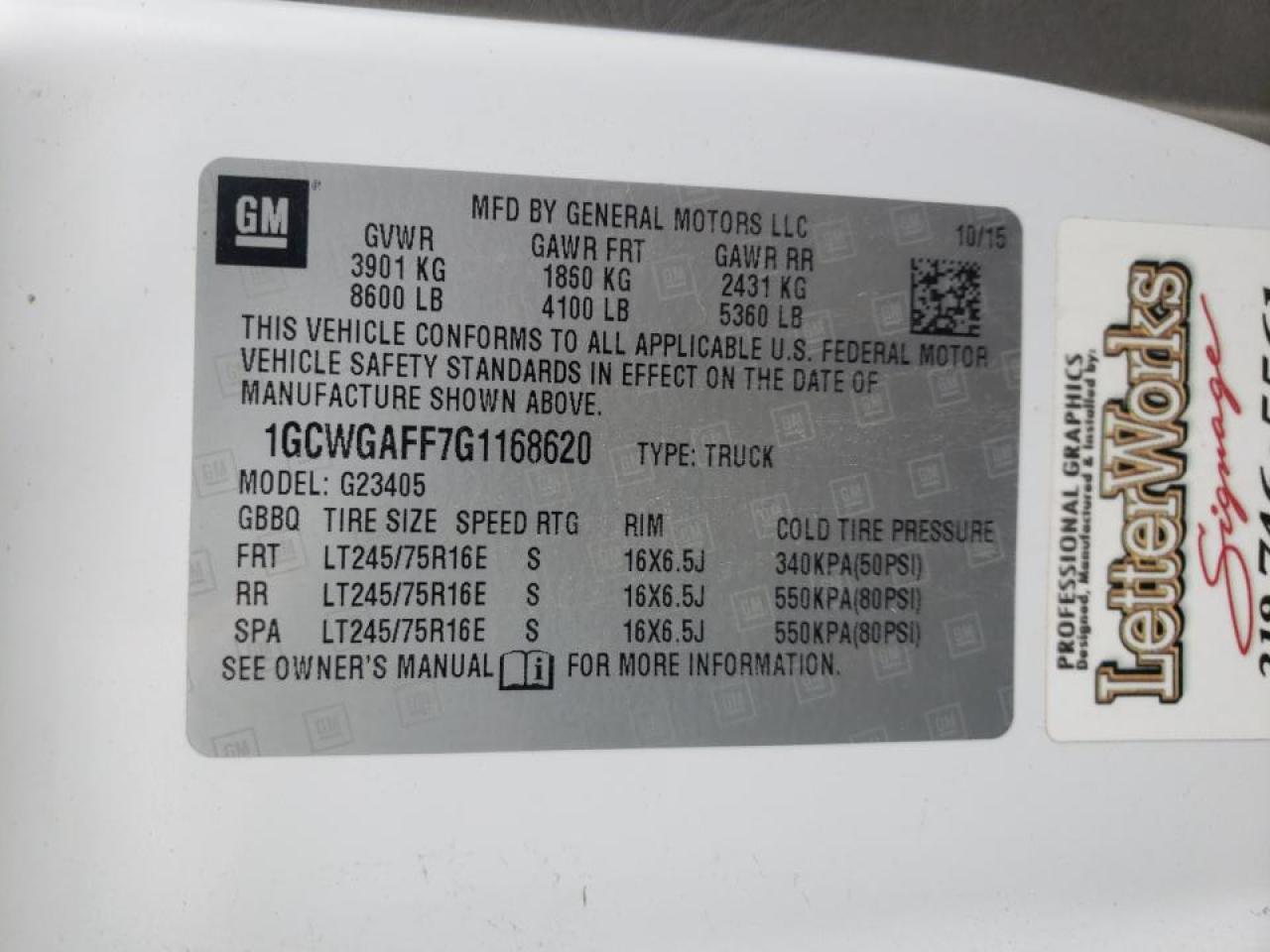 Photo 10 from auction – 2016 CHEVROLET EXPRESS G2 with VIN 1GCWGAFF7G1168620