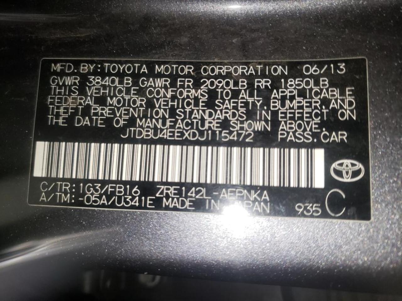 Photo 10 from auction – 2013 TOYOTA COROLLA BA with VIN JTDBU4EEXDJ115472