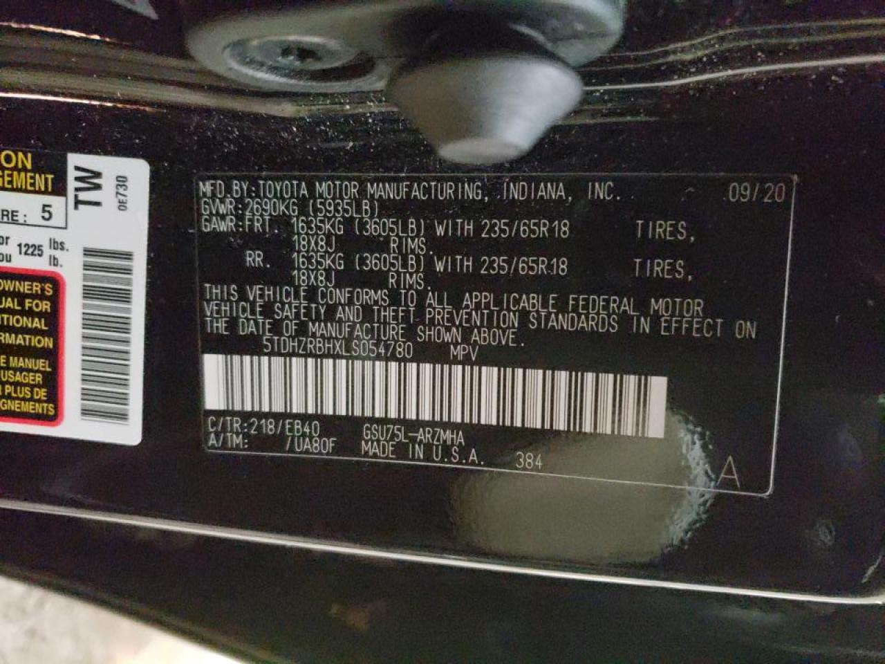 Photo 10 from auction – 2020 TOYOTA HIGHLANDER with VIN 5TDHZRBHXLS054780