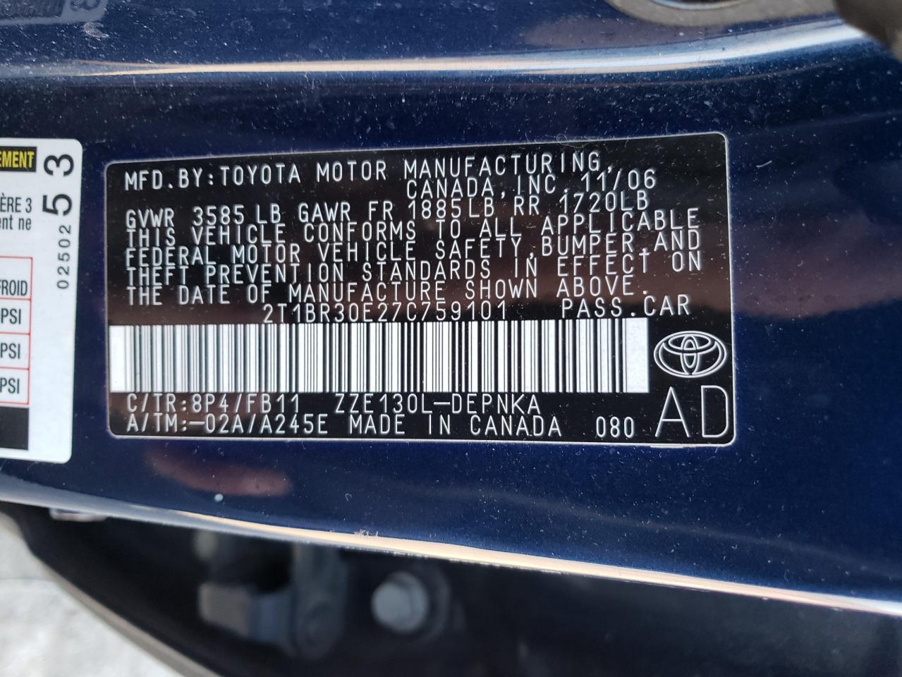 Photo 10 from auction – 2007 TOYOTA COROLLA CE with VIN 2T1BR30E27C759101
