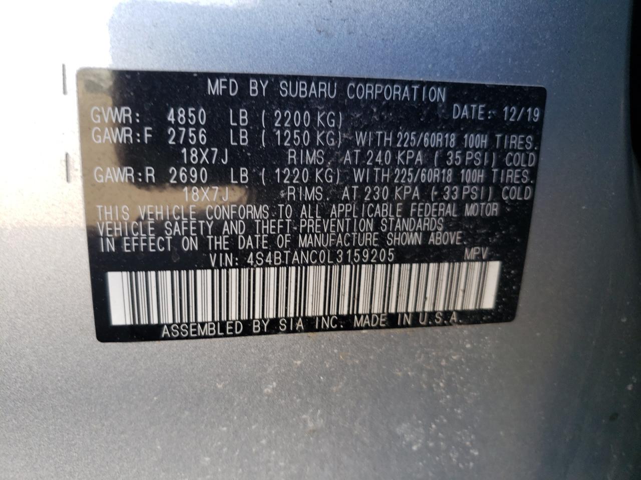 Photo 10 from auction – 2020 SUBARU OUTBACK LI with VIN 4S4BTANC0L3159205
