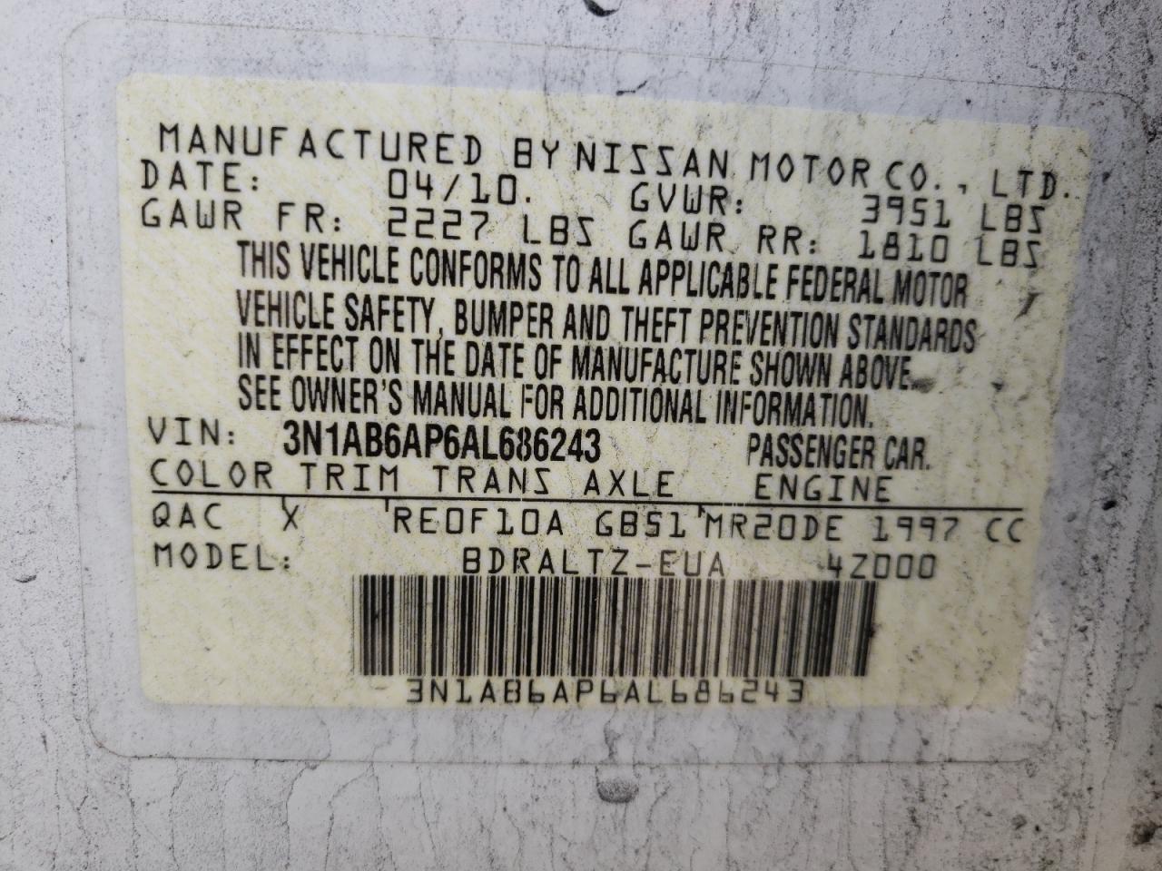 Photo 10 from auction – 2010 NISSAN SENTRA 2.0 with VIN 3N1AB6AP6AL686243