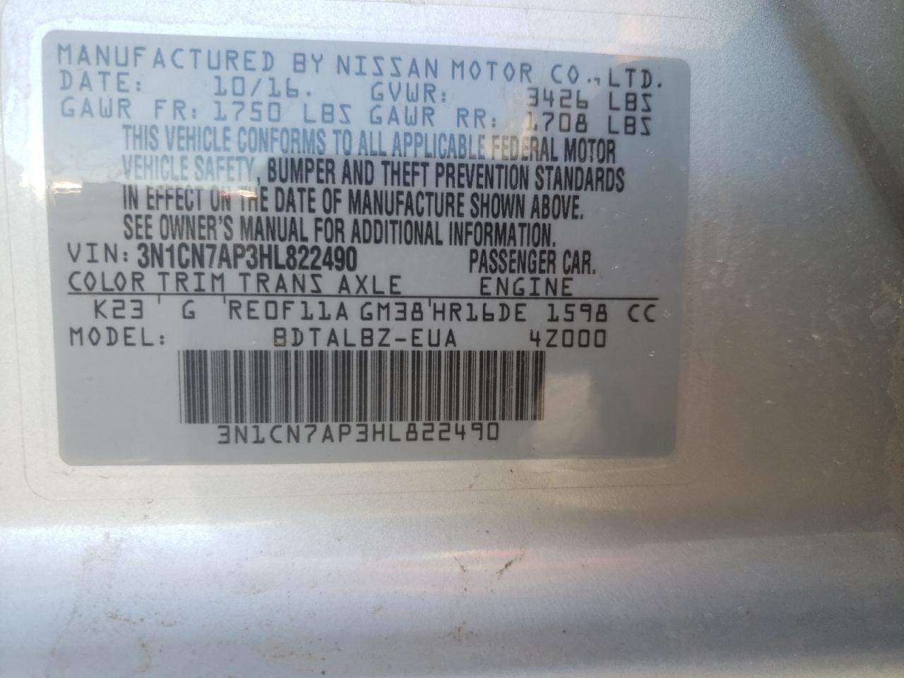 Photo 10 from auction – 2017 NISSAN VERSA S with VIN 3N1CN7AP3HL822490