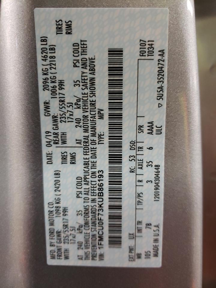Photo 10 from auction – 2019 FORD ESCAPE S with VIN 1FMCU0F73KUB86193