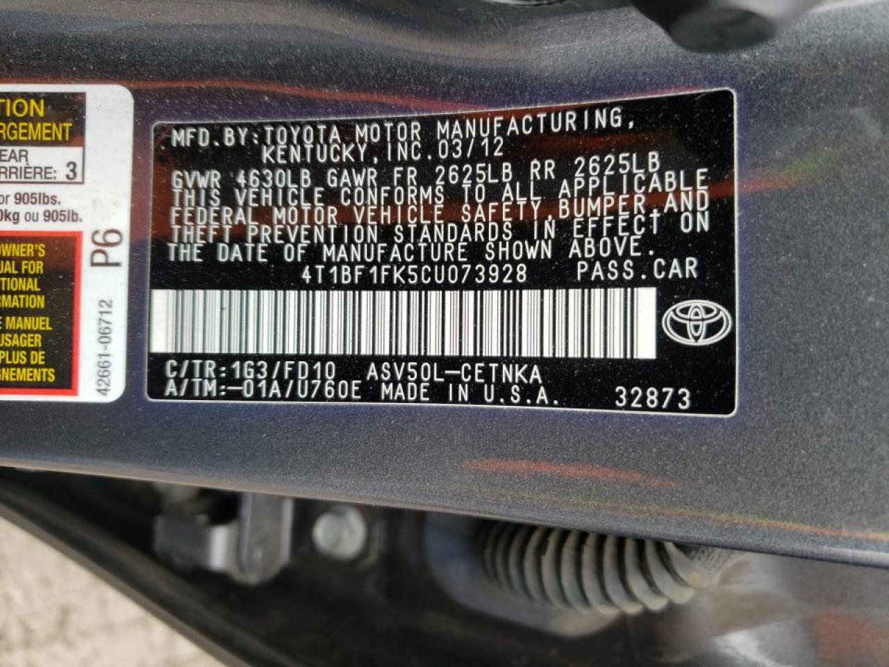 Photo 10 from auction – 2012 TOYOTA CAMRY BASE with VIN 4T1BF1FK5CU073928