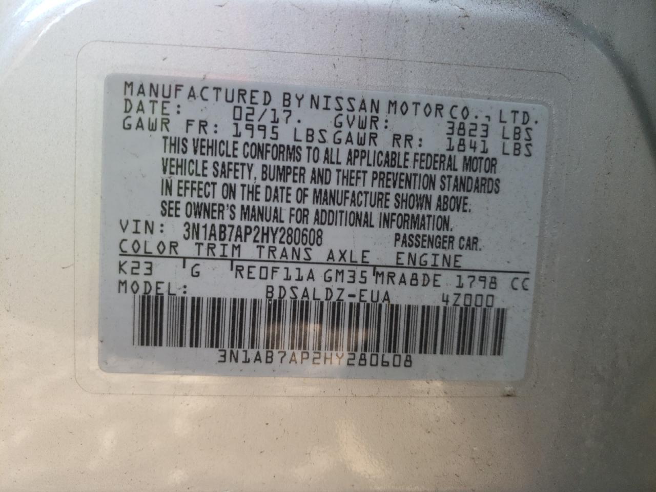 Photo 10 from auction – 2017 NISSAN SENTRA S with VIN 3N1AB7AP2HY280608