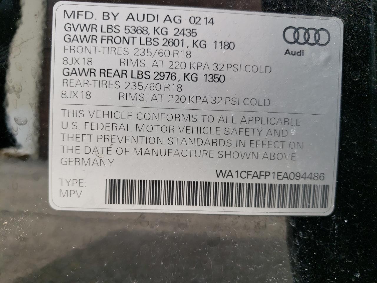 Photo 10 from auction – 2014 AUDI Q5 PREMIUM with VIN WA1CFAFP1EA094486