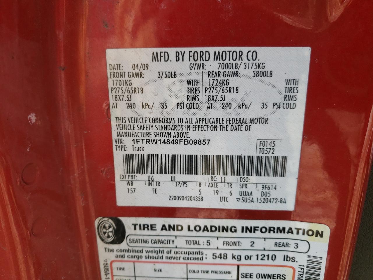 Photo 10 from auction – 2009 FORD F150 SUPER with VIN 1FTRW14849FB09857
