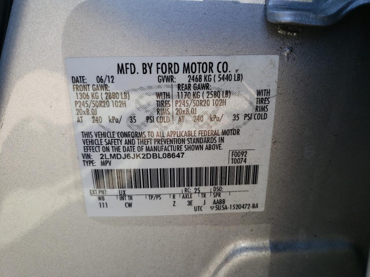 Photo 10 from auction – 2013 LINCOLN MKX with VIN 2LMDJ6JK2DBL08647