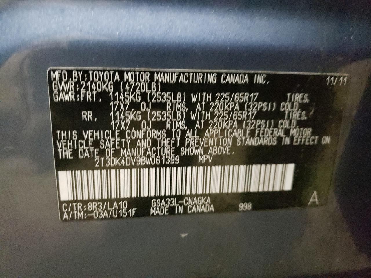Photo 10 from auction – 2011 TOYOTA RAV4 LIMIT with VIN 2T3DK4DV9BW061399