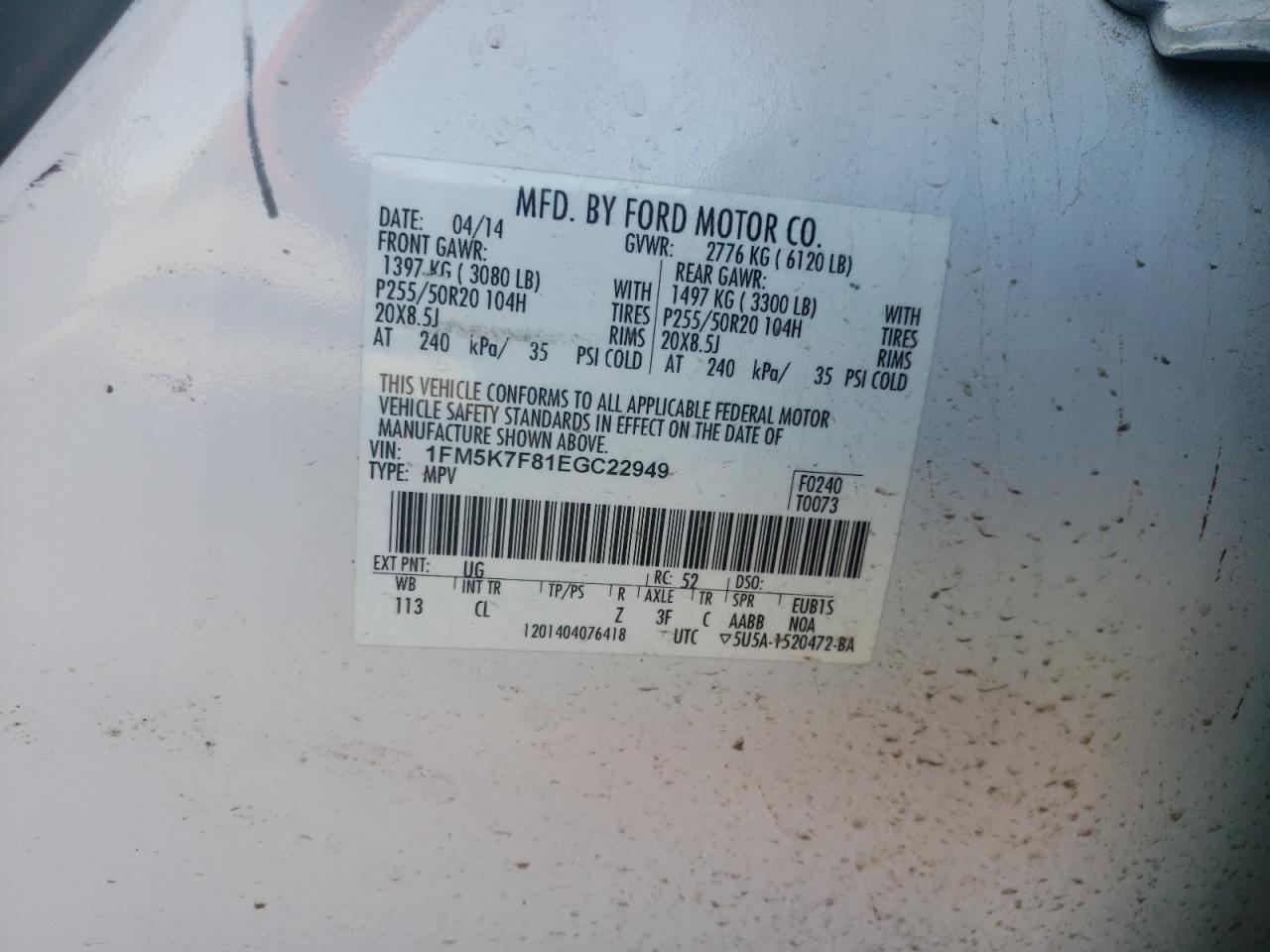 Photo 10 from auction – 2014 FORD EXPLORER L with VIN 1FM5K7F81EGC22949
