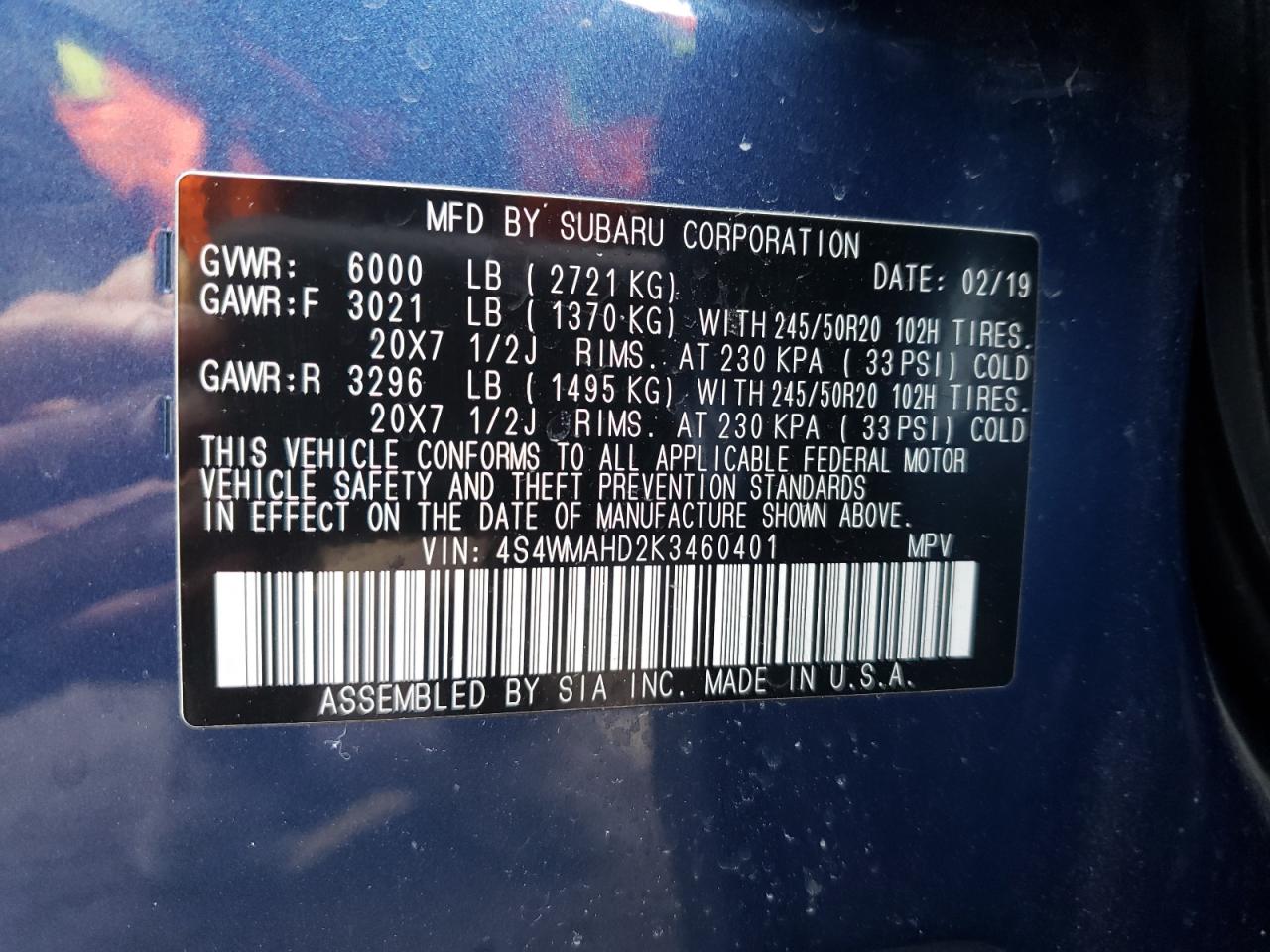 Photo 10 from auction – 2019 SUBARU ASCENT PRE with VIN 4S4WMAHD2K3460401