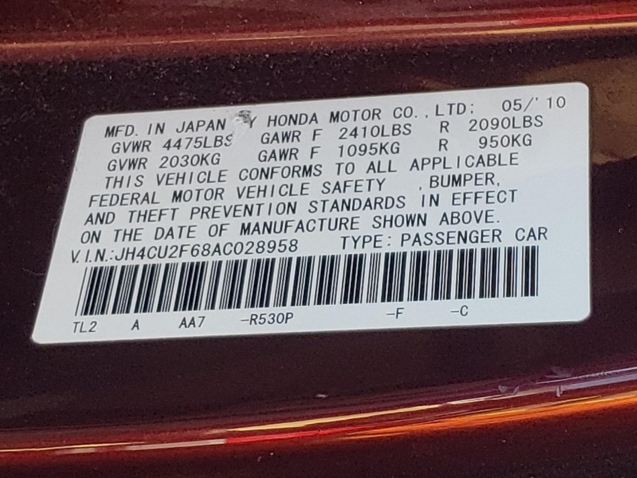Photo 10 from auction – 2010 ACURA TSX with VIN JH4CU2F68AC028958