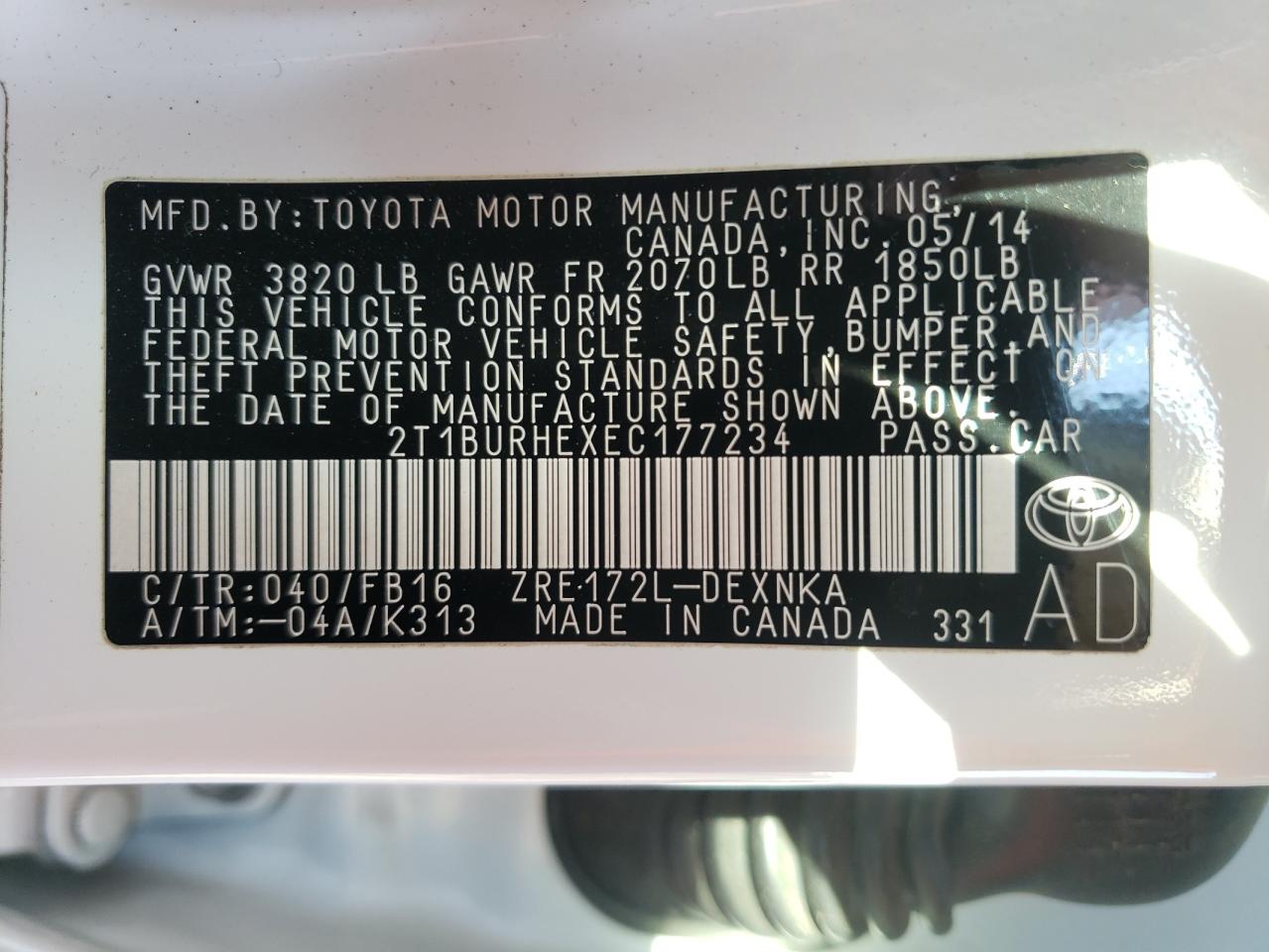 Photo 10 from auction – 2014 TOYOTA COROLLA L with VIN 2T1BURHEXEC177234