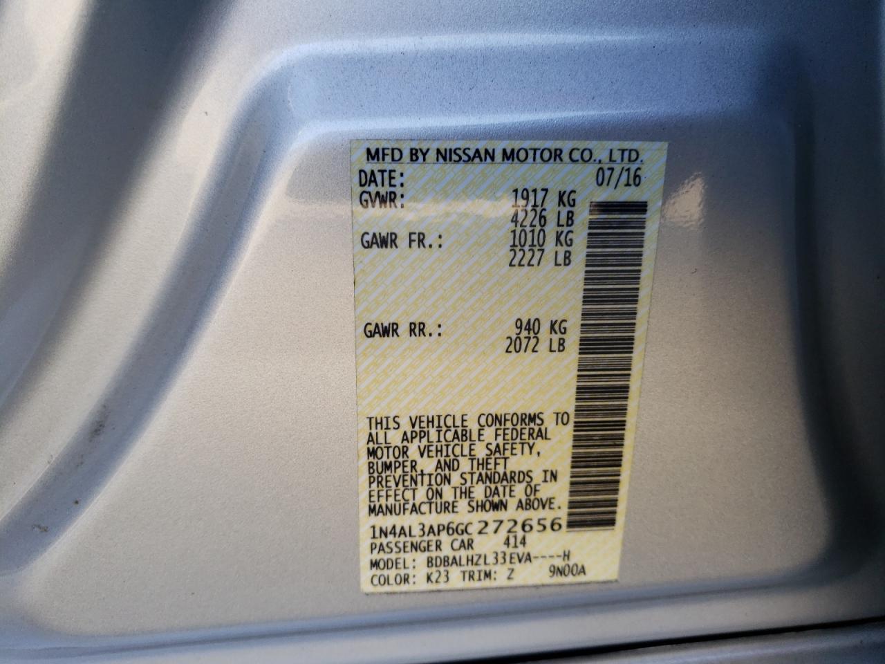 Photo 10 from auction – 2016 NISSAN ALTIMA 2.5 with VIN 1N4AL3AP6GC272656