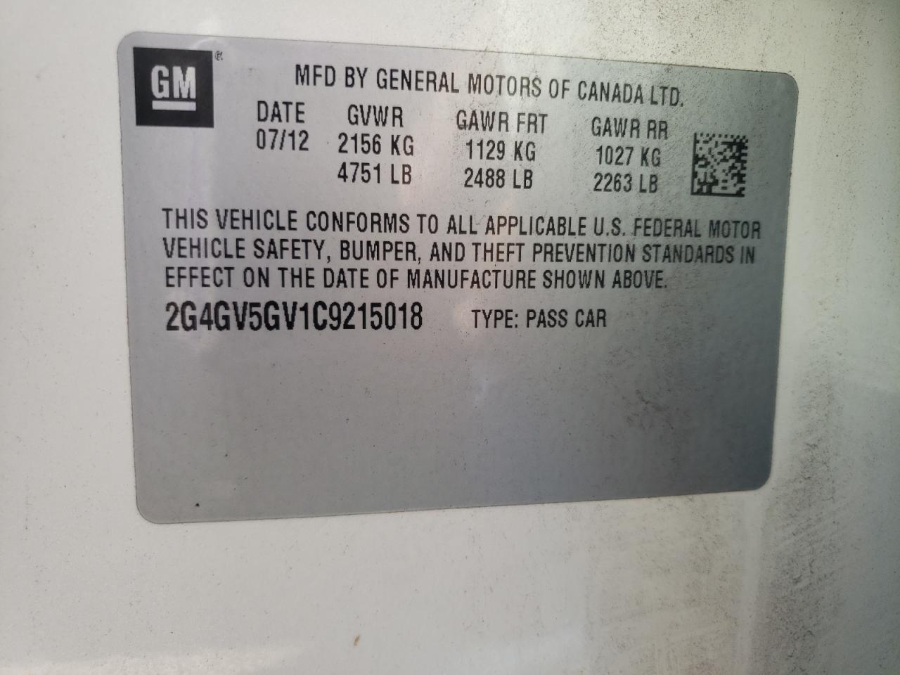 Photo 10 from auction – 2012 BUICK REGAL GS with VIN 2G4GV5GV1C9215018