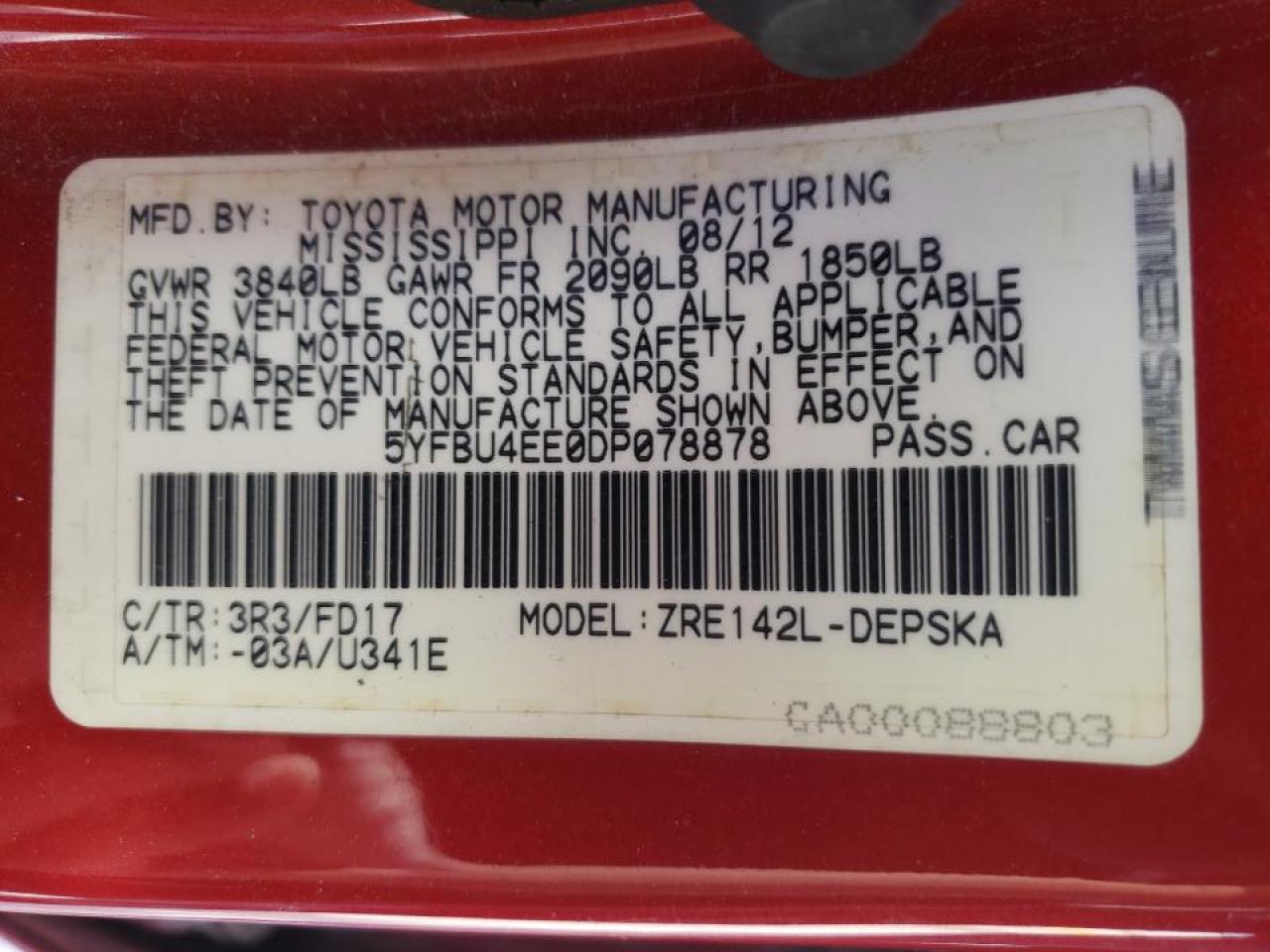Photo 10 from auction – 2013 TOYOTA COROLLA BA with VIN 5YFBU4EE0DP078878