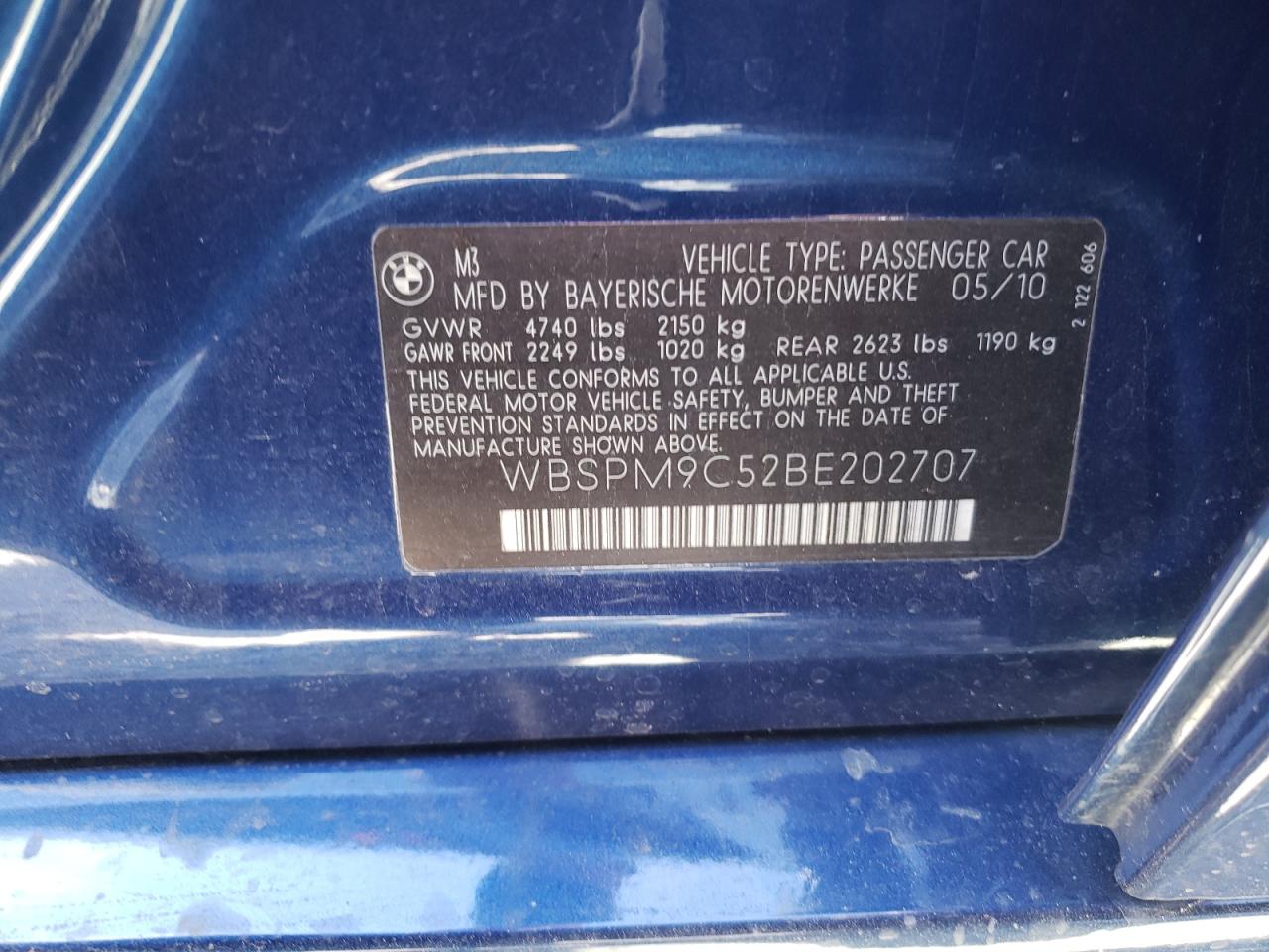 Photo 10 from auction – 2011 BMW M3 with VIN WBSPM9C52BE202707
