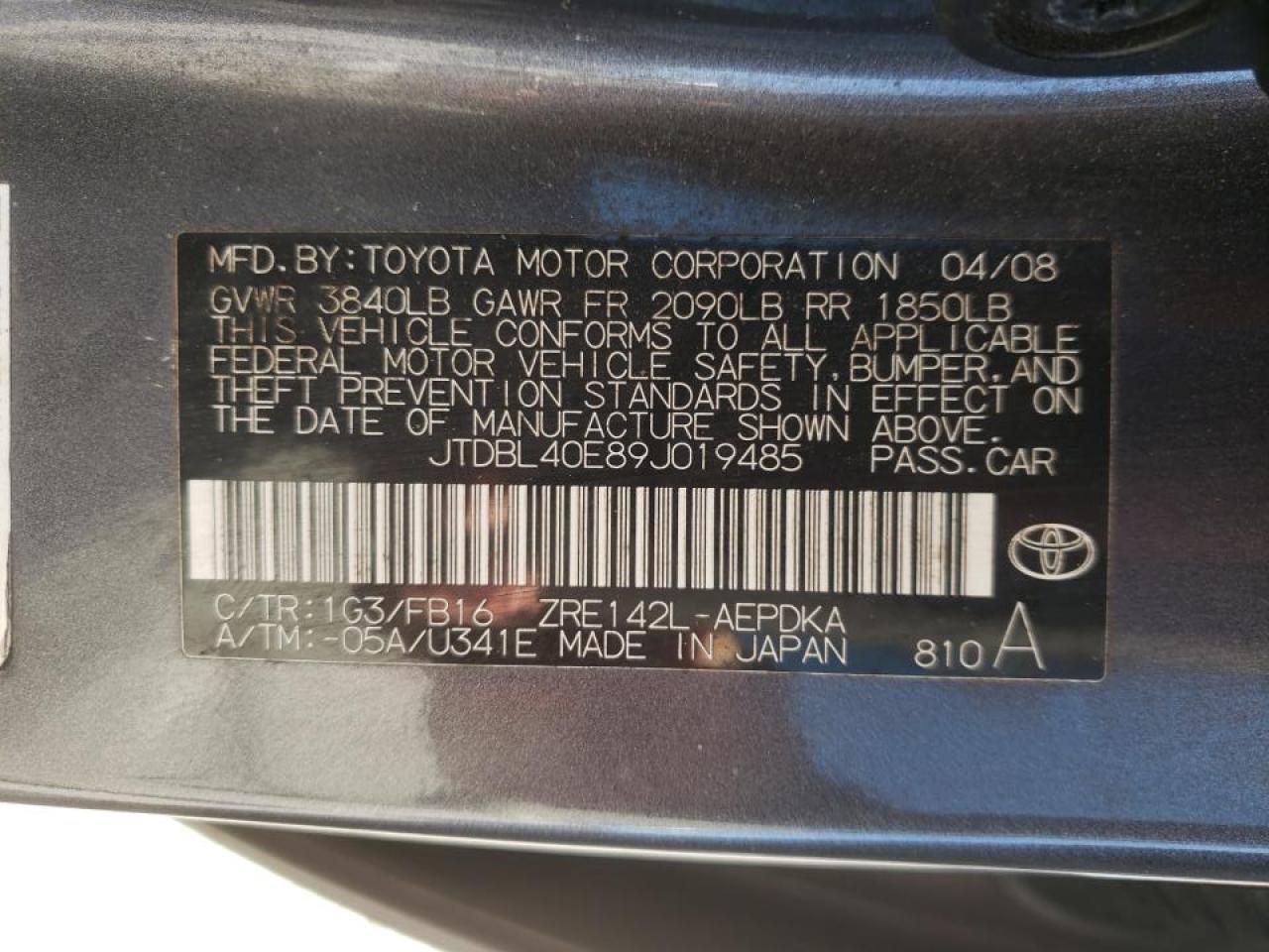 Photo 10 from auction – 2009 TOYOTA COROLLA BA with VIN JTDBL40E89J019485