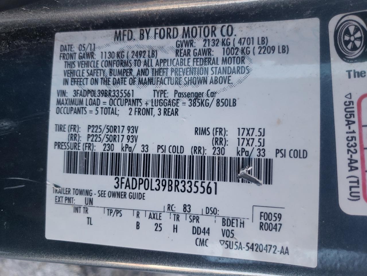 Photo 10 from auction – 2011 FORD FUSION HYB with VIN 3FADP0L39BR335561