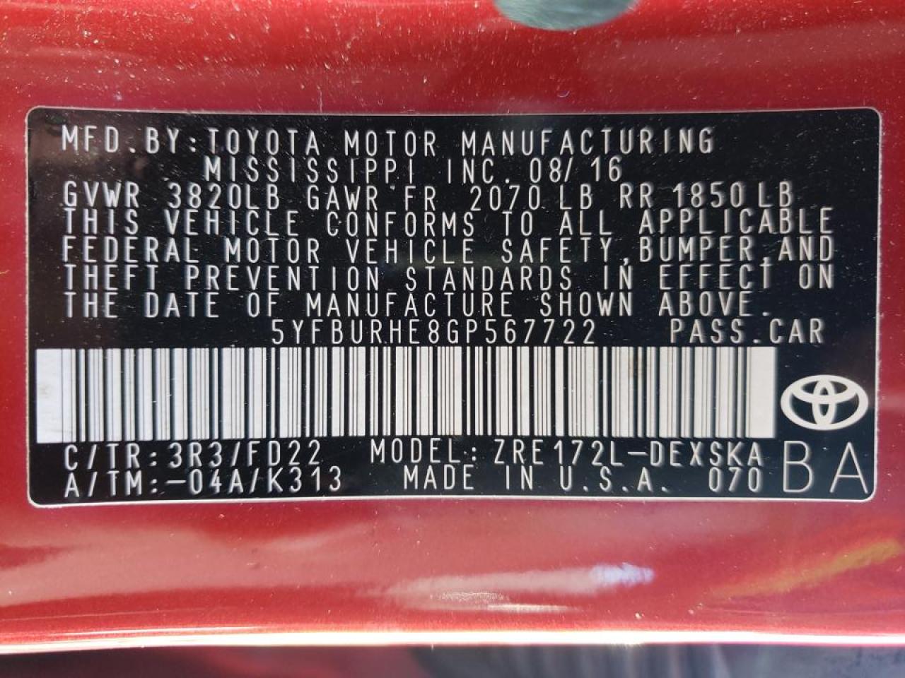 Photo 10 from auction – 2016 TOYOTA COROLLA L with VIN 5YFBURHE8GP567722