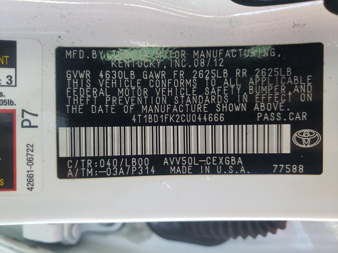 Photo 10 from auction – 2012 TOYOTA CAMRY HYBR with VIN 4T1BD1FK2CU044666