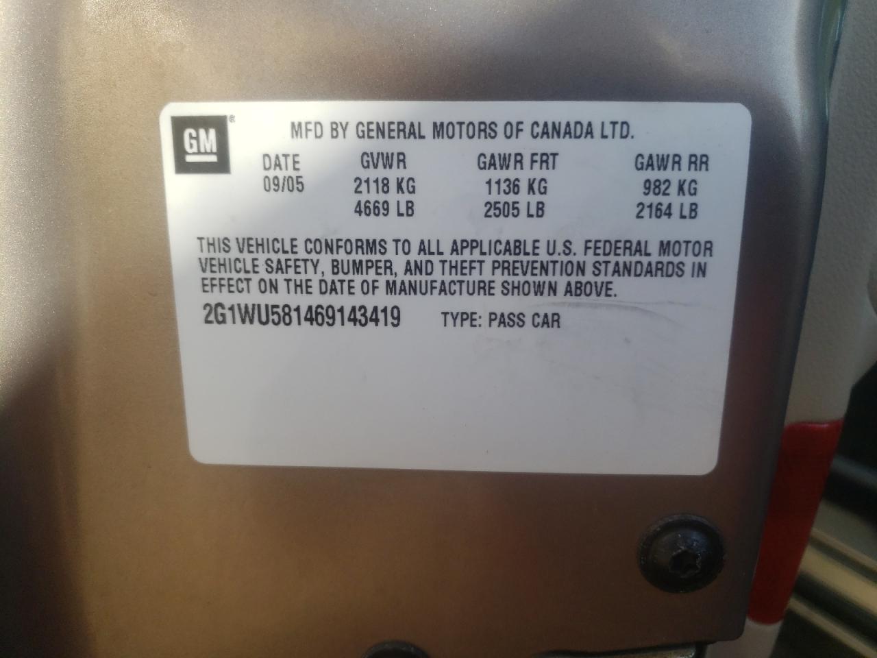 Photo 10 from auction – 2006 CHEVROLET IMPALA LTZ with VIN 2G1WU581469143419