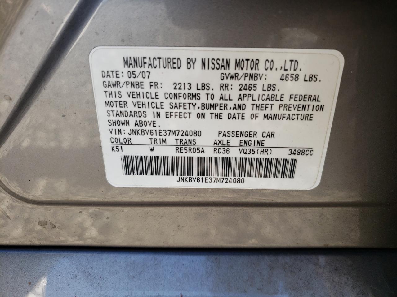 Photo 10 from auction – 2007 INFINITI G35 with VIN JNKBV61E37M724080