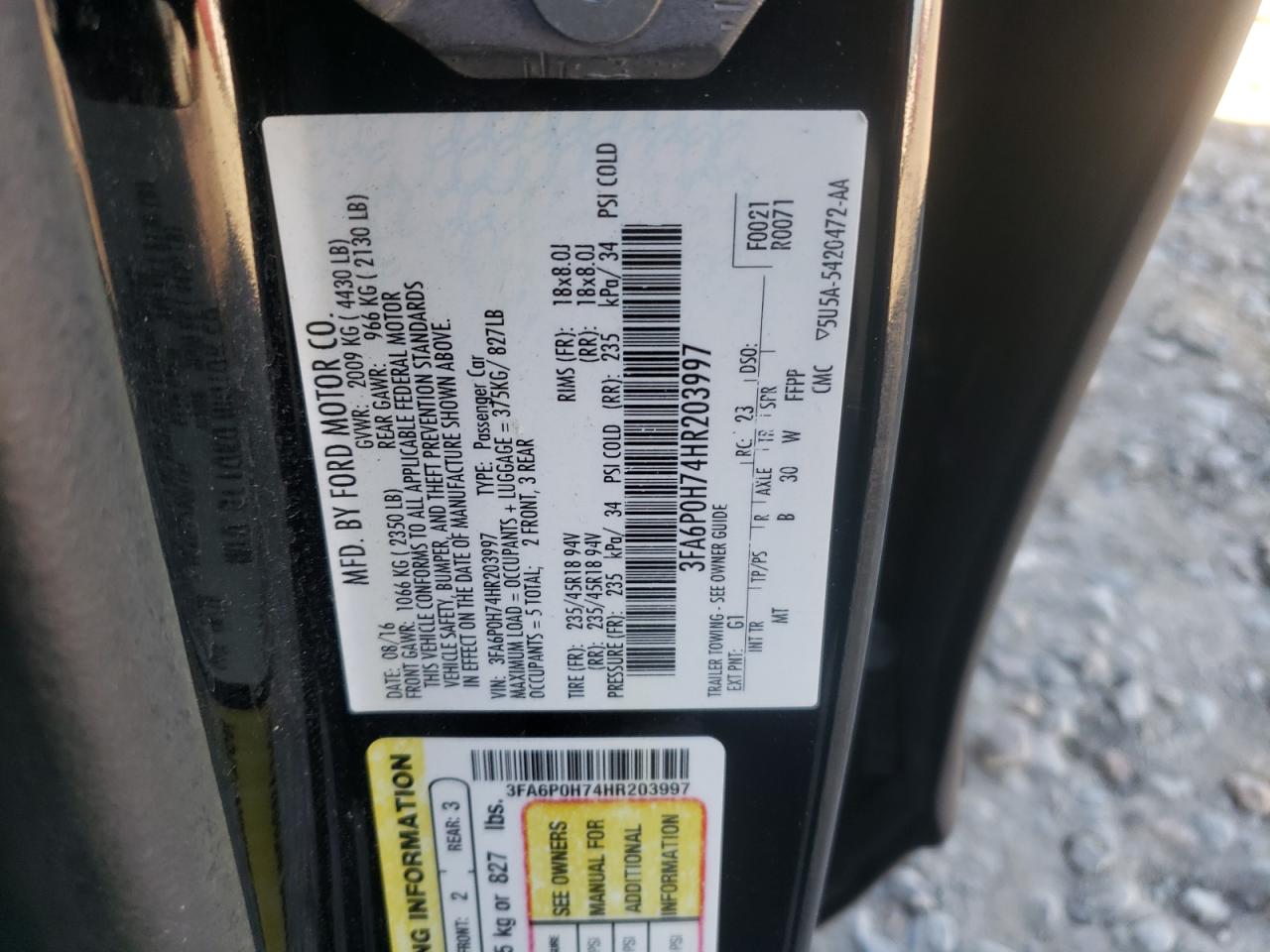 Photo 10 from auction – 2017 FORD FUSION SE with VIN 3FA6P0H74HR203997