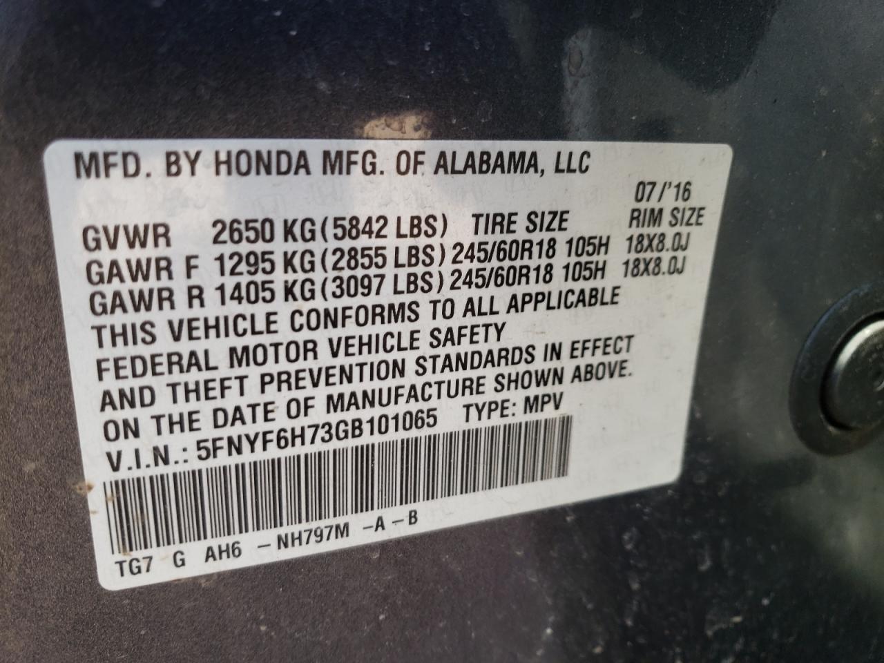 Photo 10 from auction – 2016 HONDA PILOT EXLN with VIN 5FNYF6H73GB101065