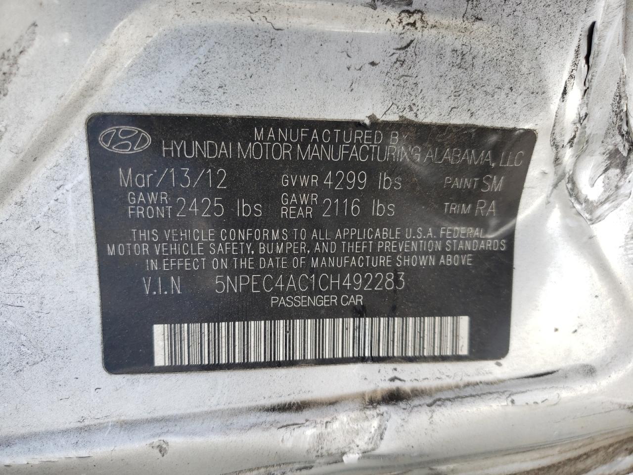Photo 10 from auction – 2012 HYUNDAI SONATA SE with VIN 5NPEC4AC1CH492283